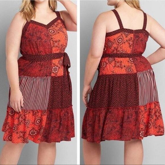 Lane Bryant Womens Red Dress Patchwork Bandana Size 26 Tie Belted Waist - Picture 1 of 5